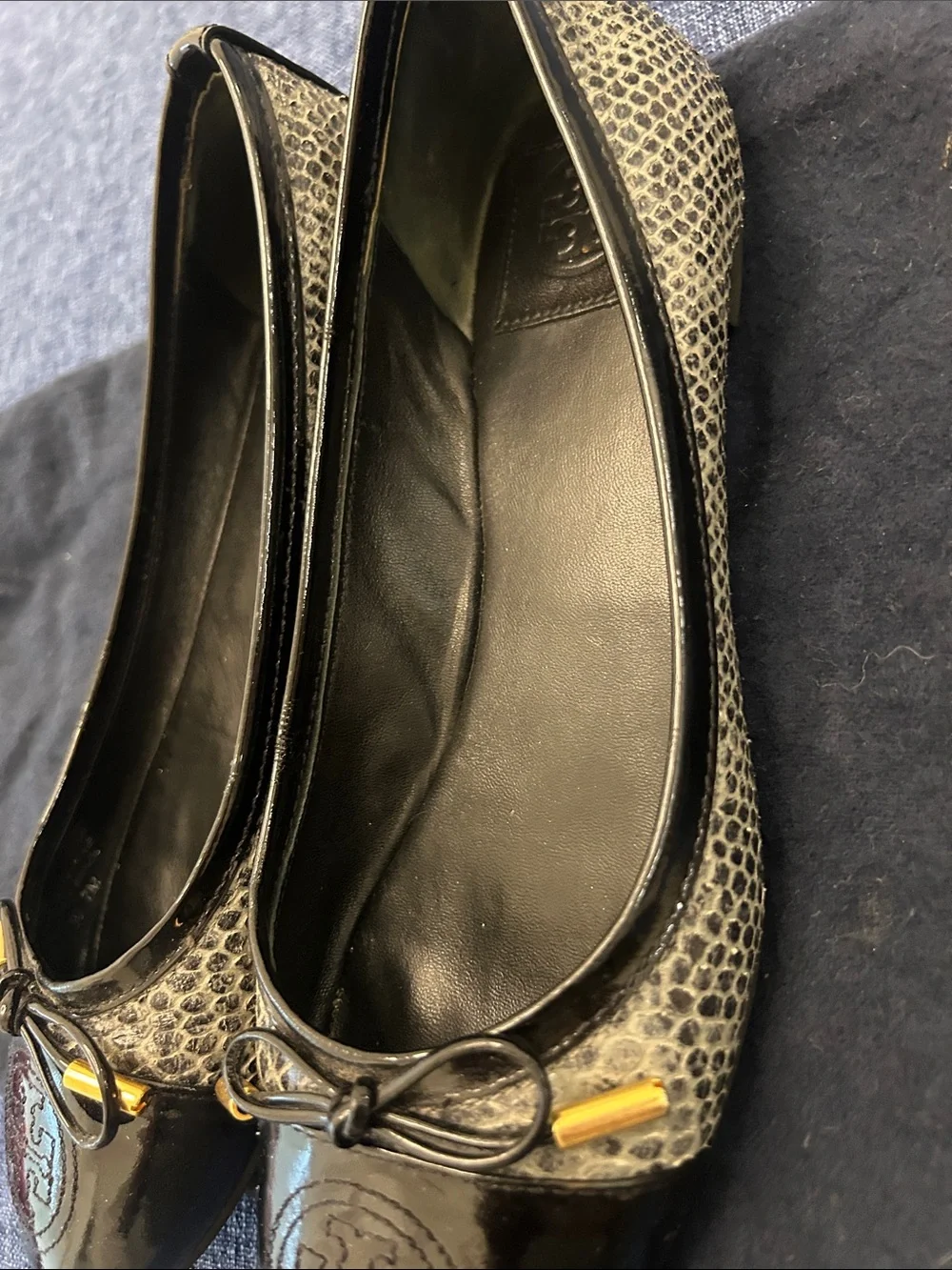 Tory Burch Black Patent & Snakeskin-Trim Logo Ballet Flats